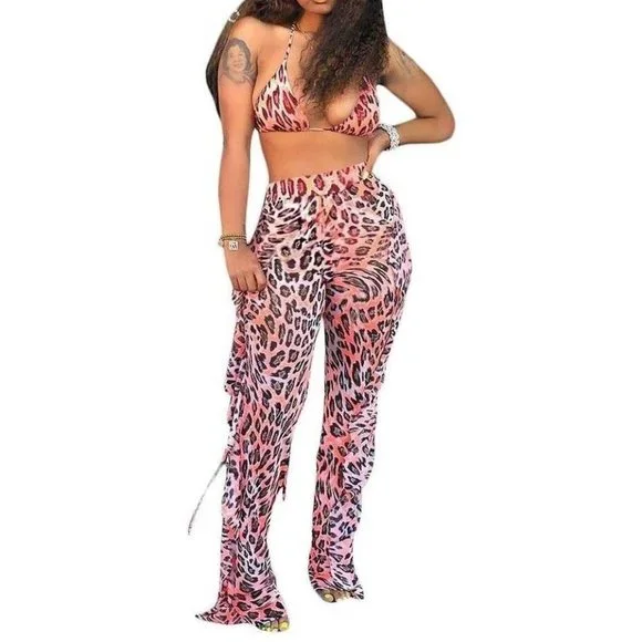 Jumpsuits Crop Top and Hollow Out Ruffle Long Pants - Leopard - Picture 3 of 5
